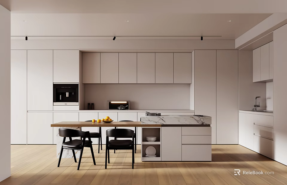 Modern Kitchen Interior Design With Marble Island Counter Cabinets Dining Table And Appliances 3d model 