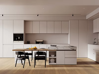Modern Kitchen Interior Design With Marble Island Counter Cabinets Dining Table And Appliances 3d model