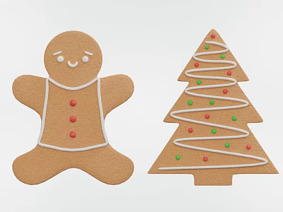 Man And Christmas Tree Shaped Gingerbread Cookies With White Icing And Colorful Sprinkles 3d model
