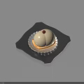 Delicious dessert with white top red decoration and crispy pastry base on black square plate