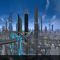 Futuristic City Architecture With Tall Skyscrapers Aerial Bridges And Blue Sky