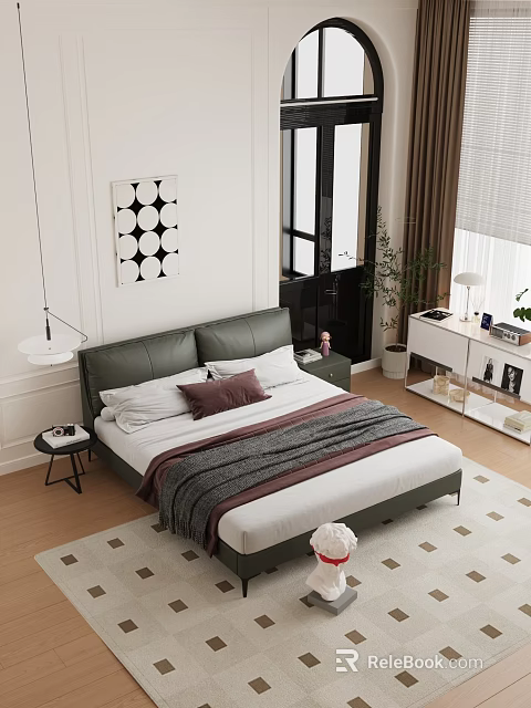 Green Double Bed with White Purple Pillows Gray Blanket Geometric Wall Art Nightstand Lamp Plants 3d model 
