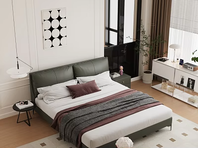 Green Double Bed with White Purple Pillows Gray Blanket Geometric Wall Art Nightstand Lamp Plants 3d model