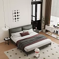 Green Double Bed with White Purple Pillows Gray Blanket Geometric Wall Art Nightstand Lamp Plants