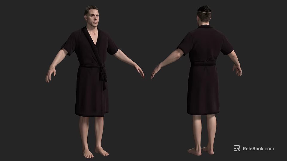 Man in Dark Robe Standing Barefoot with Arms Outstretched Front and Back View 3d model 