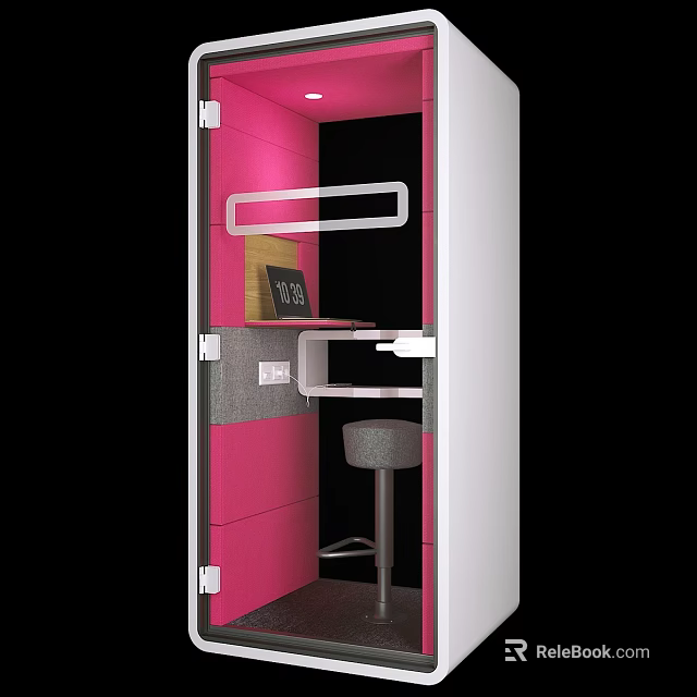 Compact Modern Workspace With Pink Interior White Frame Laptop And Grey Stool 3d model 