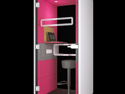 Compact Modern Workspace With Pink Interior White Frame Laptop And Grey Stool 3d model