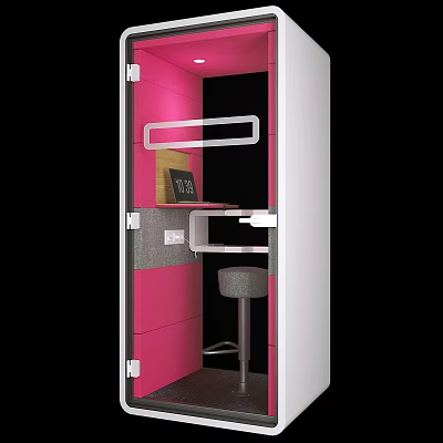 Compact Modern Workspace With Pink Interior White Frame Laptop And Grey Stool 3d model