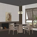 Cozy Entertainment Room Interior With Dining Table Chairs Fireplace Artwork And Large Windows 3d model