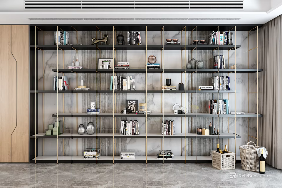 Elegant Modern Bookshelf Interior Design With Marble Backdrop And Multiple Shelves Holding Books And Decorative Ornaments 3d model 