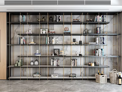 Elegant Modern Bookshelf Interior Design With Marble Backdrop And Multiple Shelves Holding Books And Decorative Ornaments 3d model