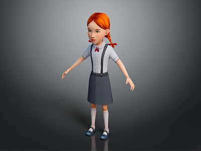 3D Cartoon Girl Character With Red Hair Braids Suspender Skirt White Shirt And Bow Tie 3d model