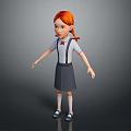 3D Cartoon Girl Character With Red Hair Braids Suspender Skirt White Shirt And Bow Tie