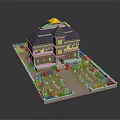 Cartoon House Model Scene With Blue Roof Yellow Windows Green Lawn And Red Flowers