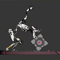 Mechanical Character and Creature in Dynamic Poses on Circular Platform with Pink Glowing Edges 3d model