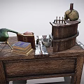 Wooden Workbench With Shelf Skull Bottles Books Drawers And Green Flask