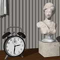 Black Alarm Clock On Wooden Tabletop With Marble Bust Statue And Fringe Decoration