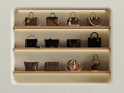 Luxury Various Designer Handbags Display on Three Shelves with Classic Patterns and Handles 3d model