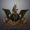 Traditional Samurai Helmet With Golden Dragon Ornament Wing Shaped Sides Red And Orange Decorative Bands