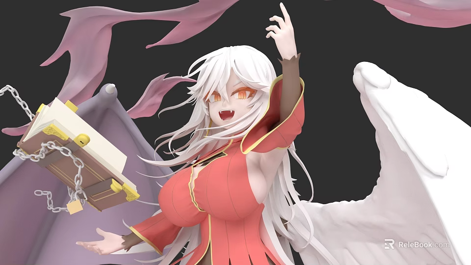 Anime Game Character With White Long Hair Red Eyes Red Outfit And Floating Pink Ribbons 3d model 