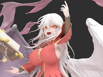 Anime Game Character With White Long Hair Red Eyes Red Outfit And Floating Pink Ribbons 3d model