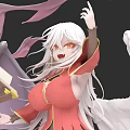 Anime Game Character With White Long Hair Red Eyes Red Outfit And Floating Pink Ribbons