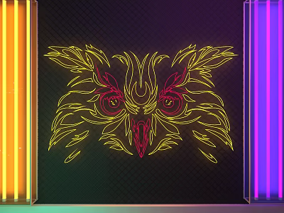 Vibrant Neon Decorative Light With Owl Shaped Design And Yellow Purple Tubing On Dark Background 3d model