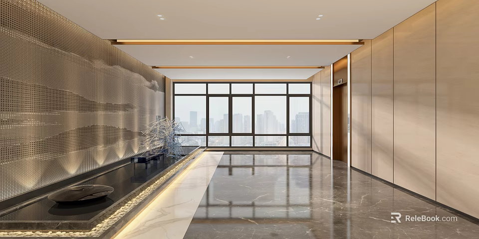 Modern Elevator Lobby With City View Marble Flooring And Decorative Wall 3d model 