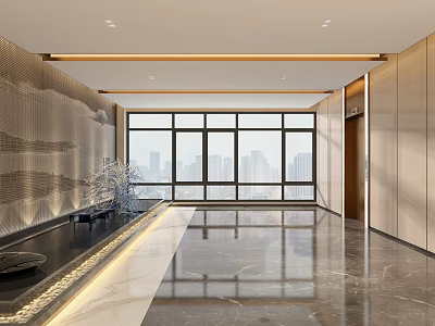 Modern Elevator Lobby With City View Marble Flooring And Decorative Wall 3d model