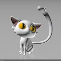Cartoon White Cat Character With Yellow Big Eyes Pink Ears And Long Tail