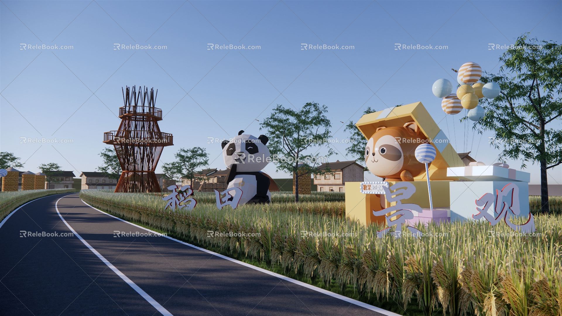 Modern Paddy Field Paddy Field Landscape Rice Industry Avenue Panda Sculpture Image Avenue Farming Experience High Standard Farmland 3d model