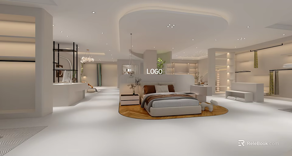 Elegant Modern Shopping Mall Store Interior With Round Bed Display And White Furniture 3d model 