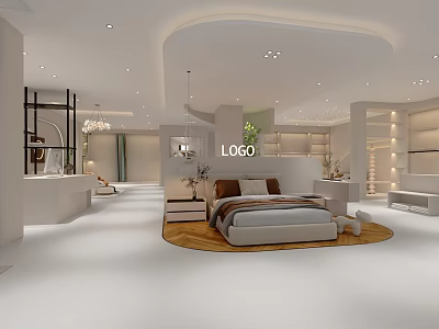 Elegant Modern Shopping Mall Store Interior With Round Bed Display And White Furniture 3d model