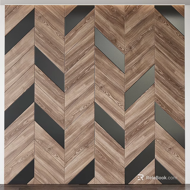 Wooden Wall Paneling with Herringbone Pattern and Contrasting Black Accent Strips Modern Interior Design 3d model 