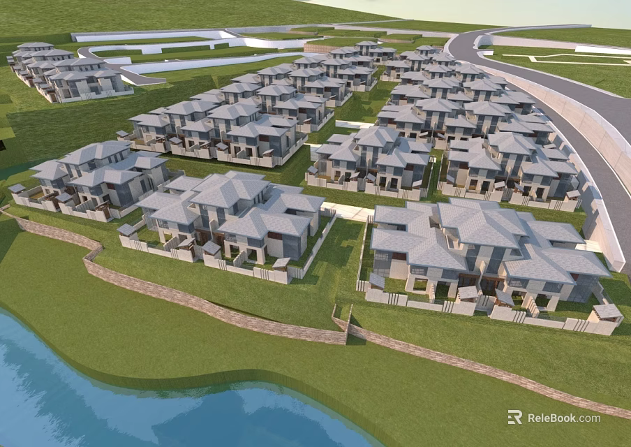 Neatly Arranged Modern Residential Houses With Green Lawns And Waterfront 3d model 