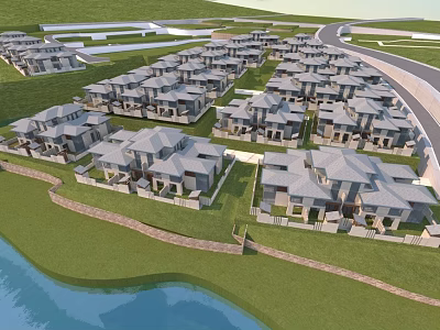 Neatly Arranged Modern Residential Houses With Green Lawns And Waterfront 3d model