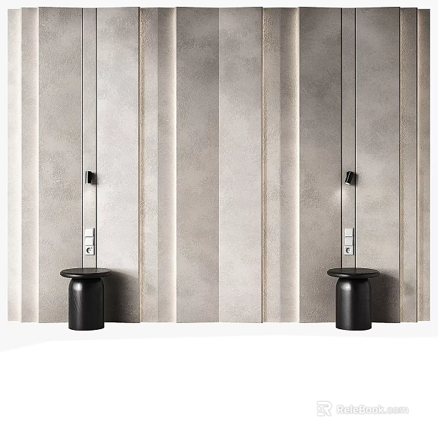 Modern Bedroom Accent Wall With Vertical Textured Panels And Black Decor Elements 3d model 