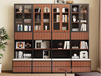 Stylish Modern Open Shelf Bookcase With Wooden Texture And Decorative Items 3d model