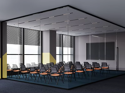 Modern Conference Room With Glass Walls Blinds Blackboard Orange Seats Blue Floor And Yellow Decorations 3d model