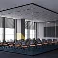 Modern Conference Room With Glass Walls Blinds Blackboard Orange Seats Blue Floor And Yellow Decorations