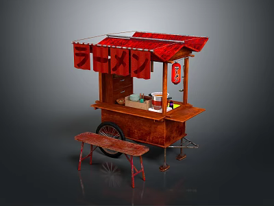 Red Canopy Food Cart With Wooden Display Shelf And Side Bench 3d model