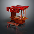 Red Canopy Food Cart With Wooden Display Shelf And Side Bench