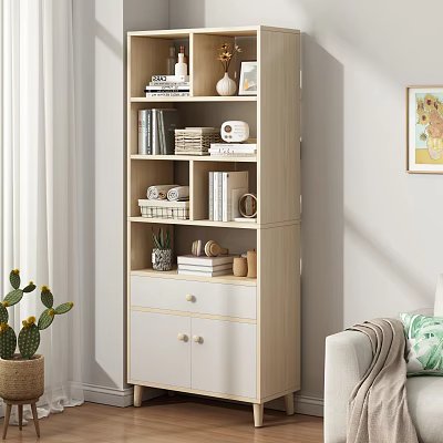 Light Wood Bookcase With Shelves Drawers And Decorative Items In Living Room 3d model
