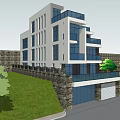 Modern Detached Villa With Glass Curtain Walls Lush Green Lawn And Stone Wall