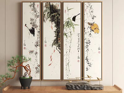 Chinese Style Decorative Scrolls With Crane Bamboo Bird Fish On Simple Wall With Potted Plant 3d model
