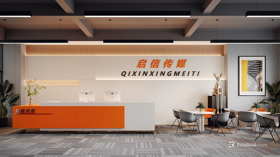 Modern Stylish Media Office Reception Desk With Warm Soft Lighting And Comfortable Waiting Lounge Area 3d model 