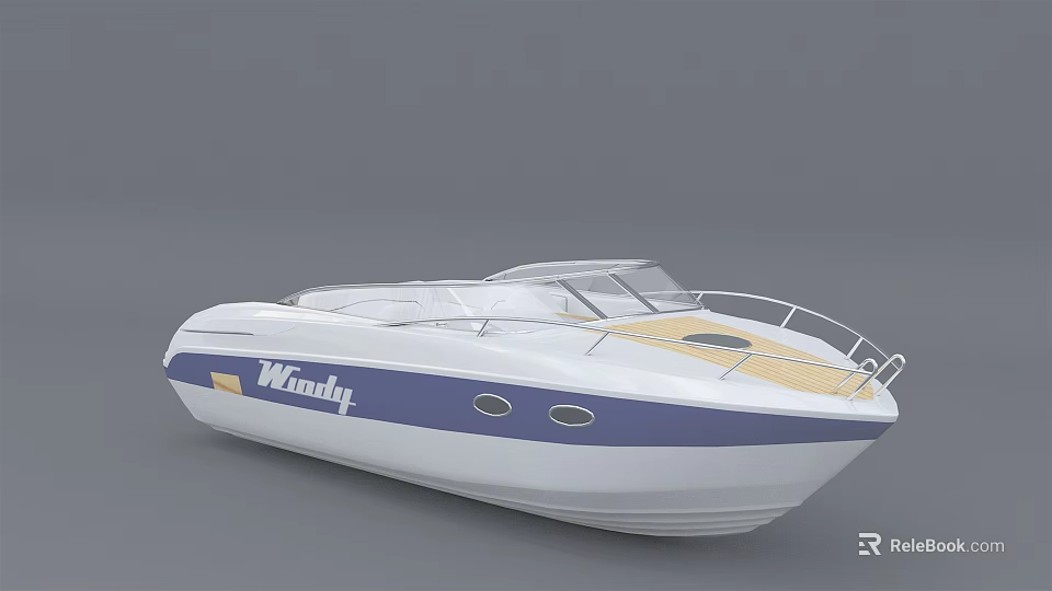 White And Blue Yacht With Windy Brand And Sleek Design 3d model 