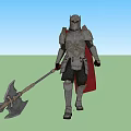 Medieval Man in Full Body Armor Holding Large Battle Axe with Red Cape