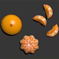 Fresh Tangerine Display With Whole Peeled Fruit And Segments On Black Reflective Background