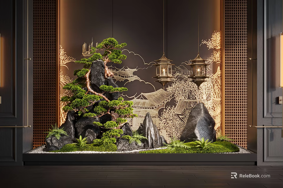 Traditional Chinese Indoor Landscape with Rockery Pine Tree Carved Wall and Hanging Lanterns 3d model 